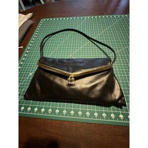Vintage Black Leather Clutch With Gold Accents & Strap
